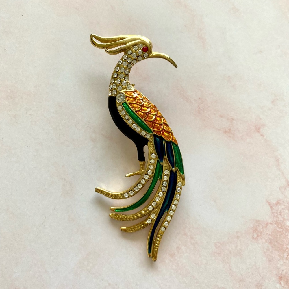 Vintage Gold Peacock Rhinestone Brooch